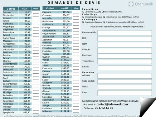 Les coffrets Edenweek, demande de devis papier