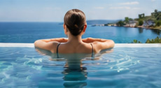 Moment de détente dans une piscine face à la mer